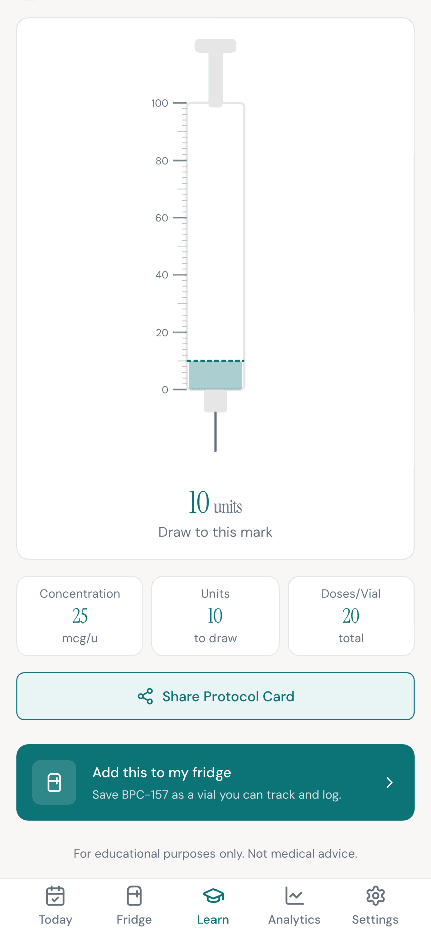 Peplo's reconstitution calculator: a syringe visualizer marking a 10-unit draw, with the resulting concentration, units to draw, and doses per vial