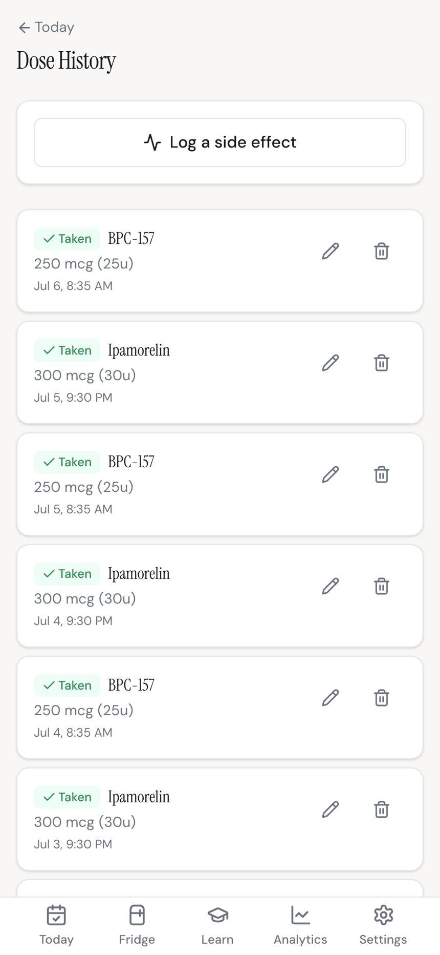 Peplo's dose history: a log of taken doses across a multi-compound stack, each with its dose, unit draw, and time