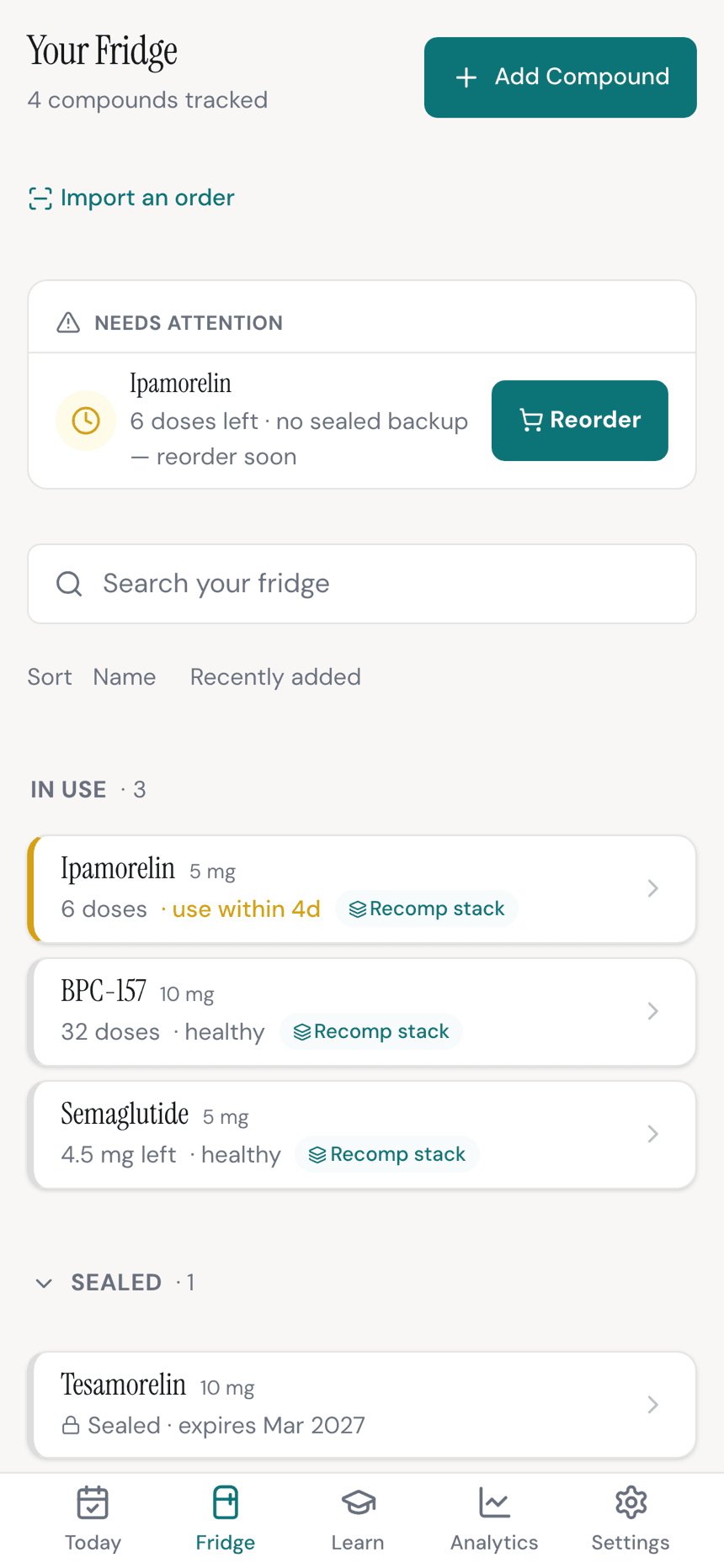 Peplo's Fridge inventory showing active and sealed vials with status and beyond-use dates